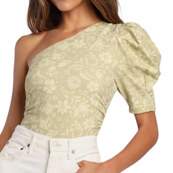 Free People Somethin Bout You Puff Sleeve Bodysuit One Shoulder Green NWT XL - Picture 1 of 11